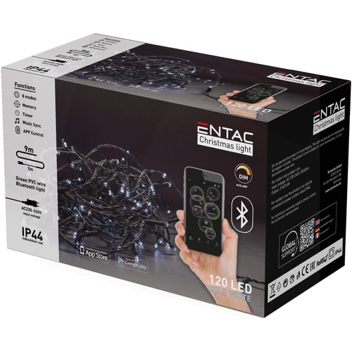 Entac Karácsonyi Fényfűzér IP44, 120Led, 9m, bluetooth, hideg fehér