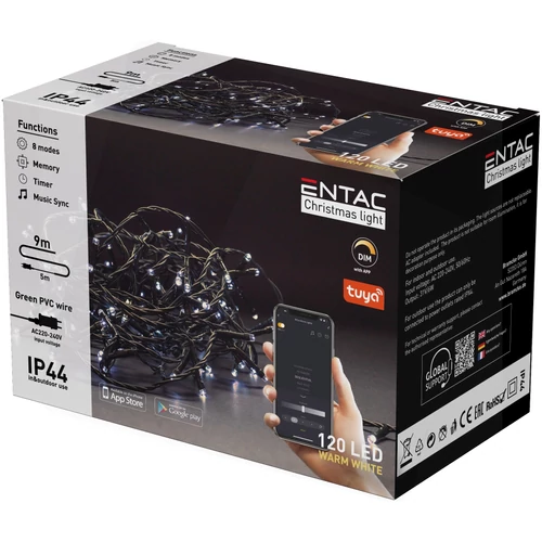 Entac Karácsonyi Fényfűzér IP44, 120Led, 9m, bluetooth, meleg fehér, tuya app